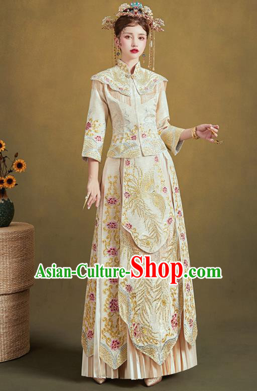 Chinese Traditional Embroidered Phoenix Beige Blouse and Dress Wedding Bottom Drawer Xiu He Suit Ancient Bride Costumes for Women