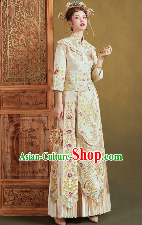Chinese Traditional Embroidered Phoenix Beige Blouse and Dress Wedding Bottom Drawer Xiu He Suit Ancient Bride Costumes for Women
