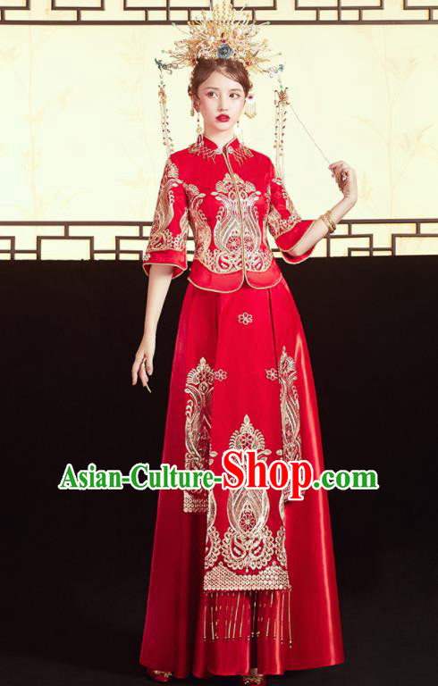 Chinese Traditional Embroidered Blouse and Dress Wedding Bottom Drawer Xiu He Suit Ancient Bride Costumes for Women