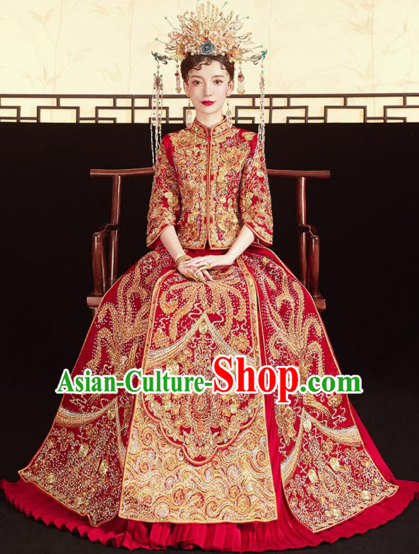 Chinese Traditional Embroidered Drilling Phoenix Blouse and Dress Wedding Bottom Drawer Xiu He Suit Ancient Bride Costumes for Women