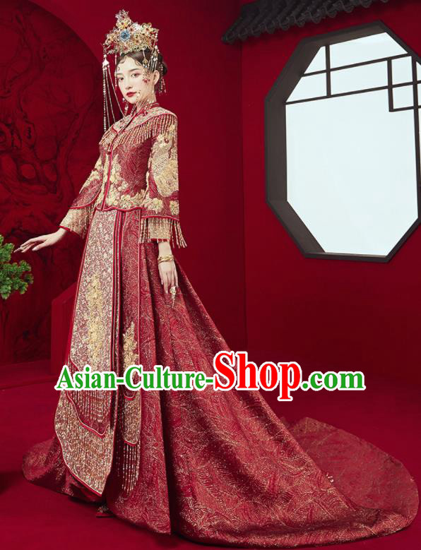 Chinese Traditional Wedding Red Trailing Xiu He Suit Embroidered Blouse and Dress Ancient Bride Costumes for Women