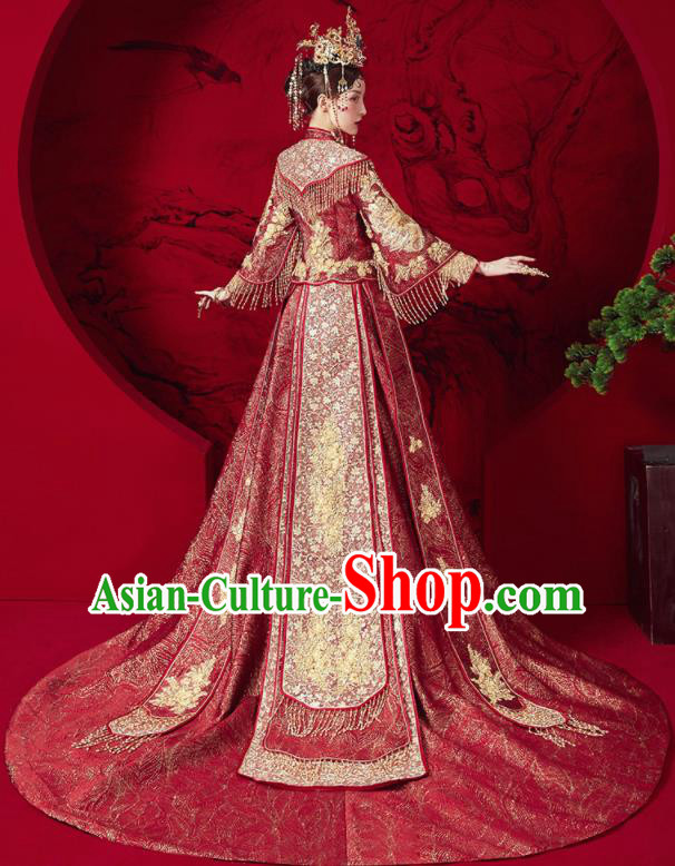 Chinese Traditional Wedding Red Trailing Xiu He Suit Embroidered Blouse and Dress Ancient Bride Costumes for Women