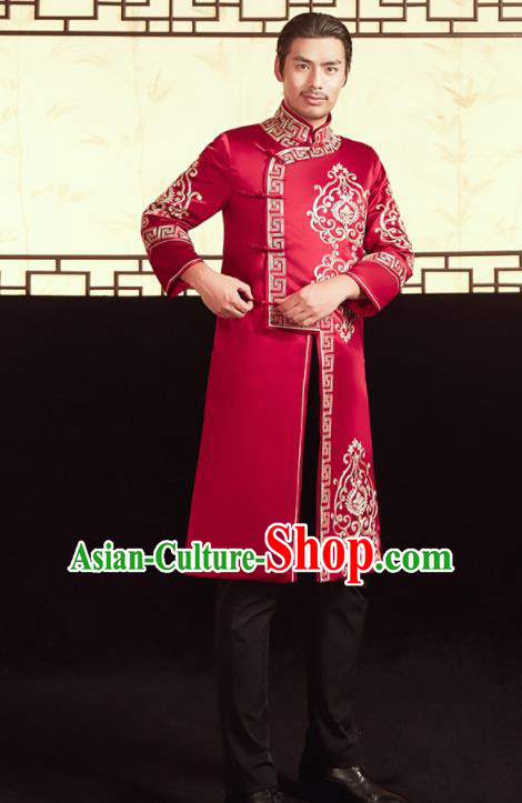 Chinese Ancient Bridegroom Embroidered Red Mandarin Jacket and Pants Traditional Wedding Tang Suit Costumes for Men