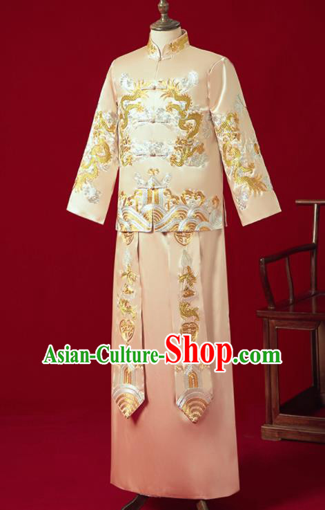 Chinese Ancient Bridegroom Embroidered Dragon Golden Mandarin Jacket and Long Gown Traditional Wedding Tang Suit Costumes for Men