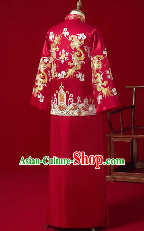 Chinese Ancient Bridegroom Embroidered Dragon Red Mandarin Jacket and Long Gown Traditional Wedding Tang Suit Costumes for Men