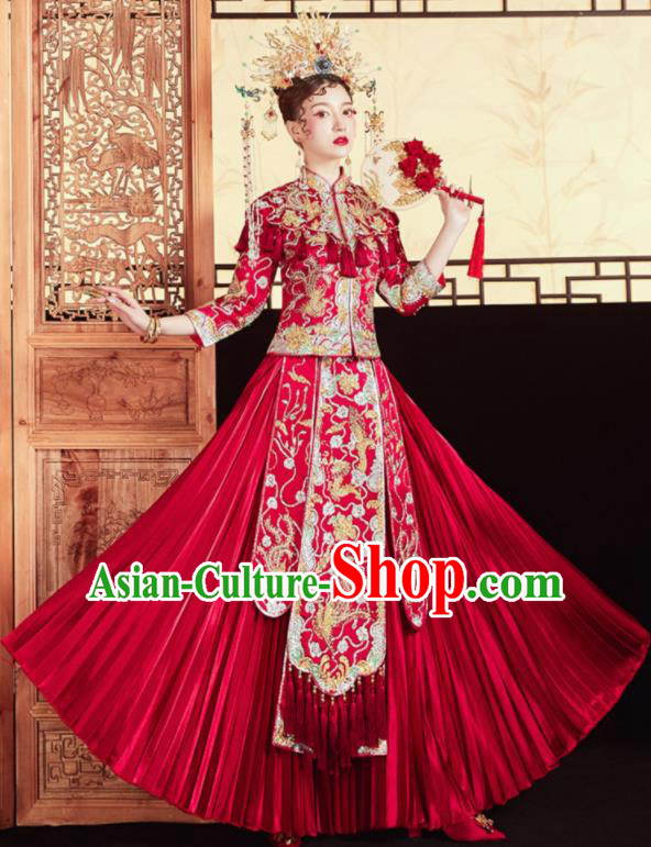 Chinese Traditional Embroidered Red Tassel Blouse and Dress Wedding Bottom Drawer Xiu He Suit Ancient Bride Costumes for Women