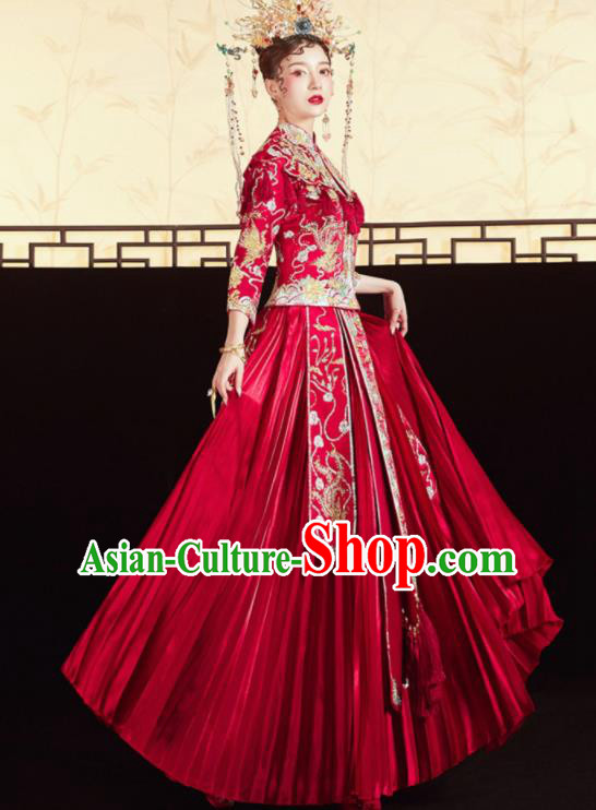 Chinese Traditional Embroidered Red Tassel Blouse and Dress Wedding Bottom Drawer Xiu He Suit Ancient Bride Costumes for Women