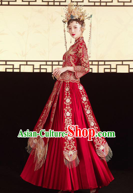Chinese Traditional Embroidered Phoenix Red Blouse and Dress Wedding Bottom Drawer Xiu He Suit Ancient Bride Costumes for Women