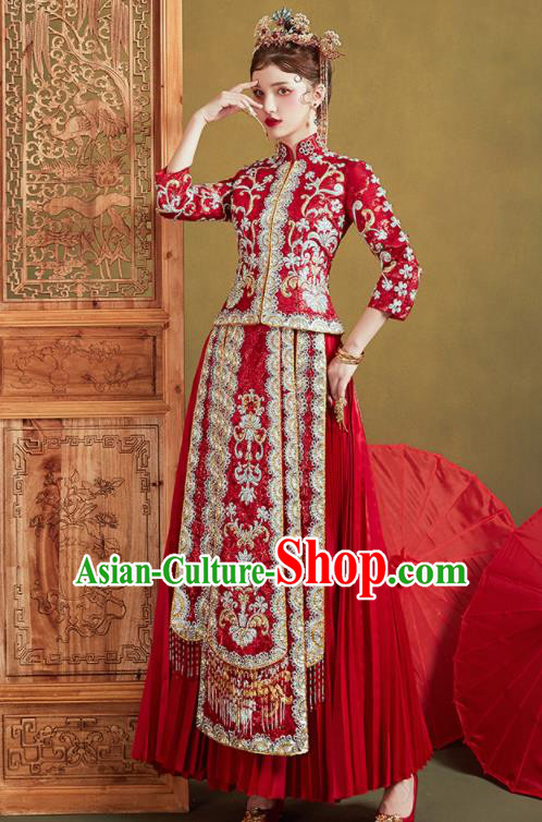 Chinese Traditional Embroidered Drilling Red Blouse and Dress Wedding Bottom Drawer Xiu He Suit Ancient Bride Costumes for Women