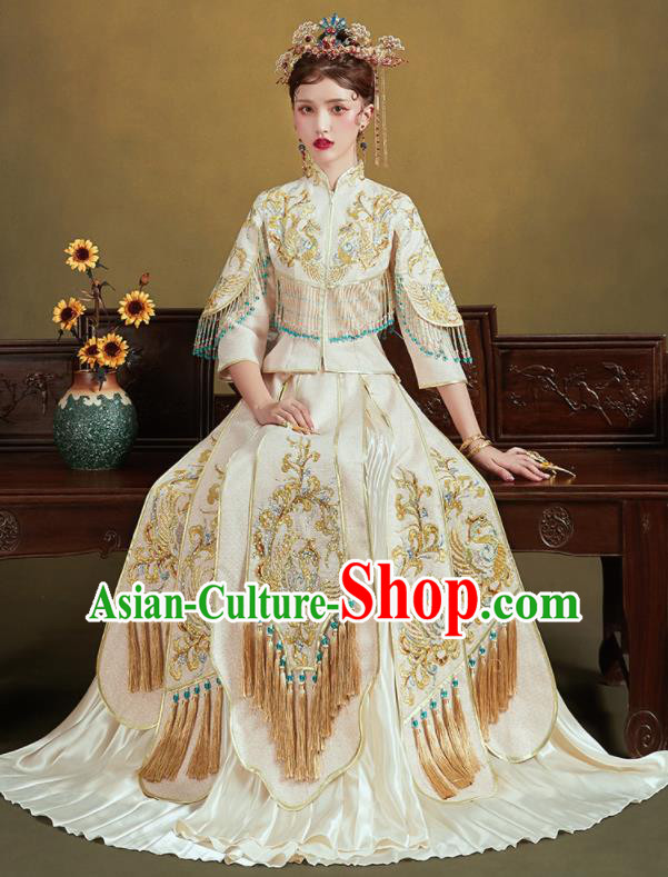 Chinese Traditional Embroidered Phoenix White Blouse and Dress Wedding Bottom Drawer Xiu He Suit Ancient Bride Costumes for Women