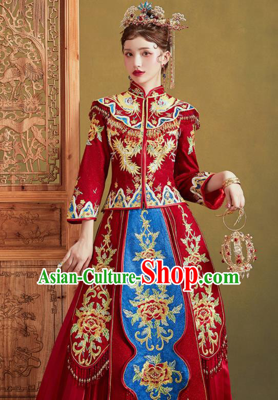 Chinese Traditional Embroidered Peony Blouse and Dress Wedding Bottom Drawer Xiu He Suit Ancient Bride Costumes for Women