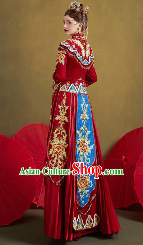 Chinese Traditional Embroidered Peony Blouse and Dress Wedding Bottom Drawer Xiu He Suit Ancient Bride Costumes for Women