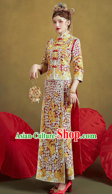 Chinese Traditional Embroidered Phoenix Blouse and Slim Dress Wedding Bottom Drawer Xiu He Suit Ancient Bride Costumes for Women