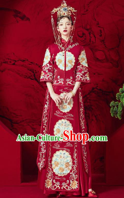 Chinese Traditional Wedding Embroidered Blouse and Dress Red Bottom Drawer Xiu He Suit Ancient Bride Costumes for Women