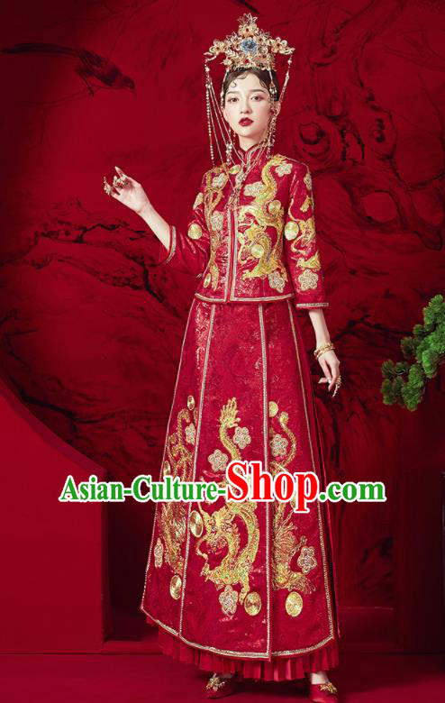 Chinese Traditional Wedding Embroidered Dragon Phoenix Blouse and Dress Red Bottom Drawer Xiu He Suit Ancient Bride Costumes for Women