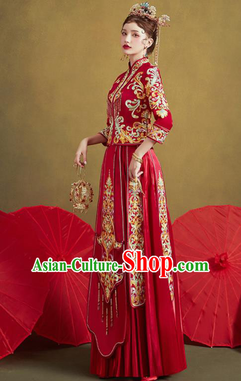 Chinese Traditional Wedding Red Slim Xiu He Suit Embroidered Blouse and Dress Ancient Bride Costumes for Women