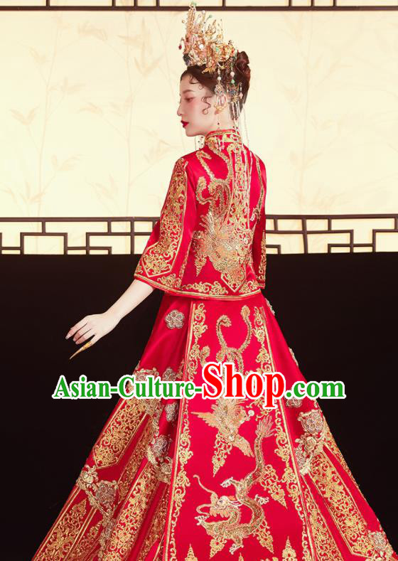 Chinese Traditional Wedding Red Xiu He Suit Embroidered Dragon Phoenix Blouse and Dress Ancient Bride Costumes for Women
