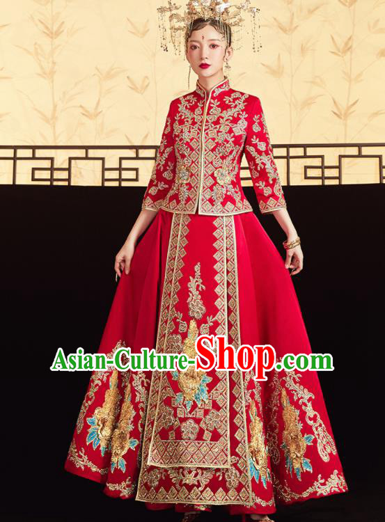 Chinese Traditional Red Bottom Drawer Wedding Embroidered Blouse and Dress Xiu He Suit Ancient Bride Costumes for Women