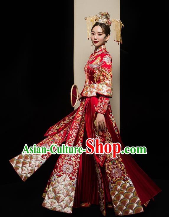 Chinese Traditional Wedding Embroidered Flowers Red Blouse and Dress Xiu He Suit Bottom Drawer Ancient Bride Costumes for Women