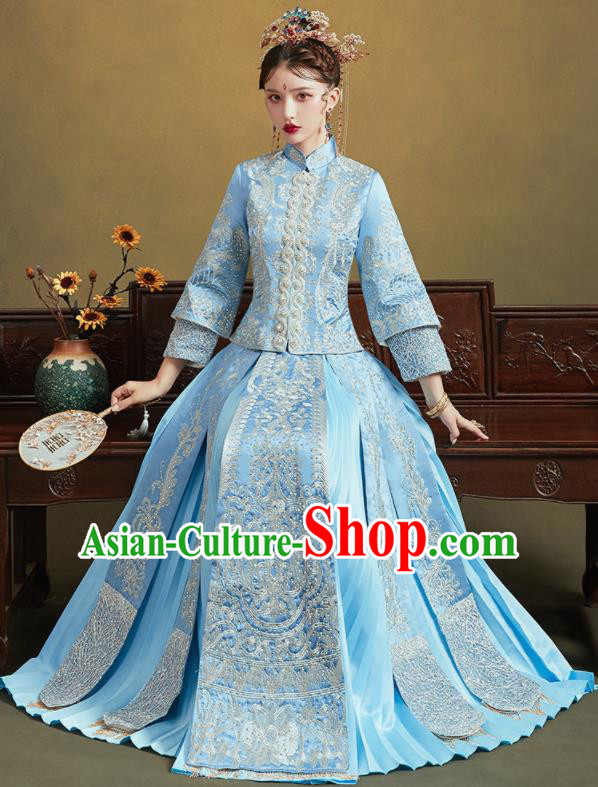 Chinese Traditional Embroidered Blue Bottom Drawer Wedding Blouse and Dress Xiu He Suit Ancient Bride Costumes for Women