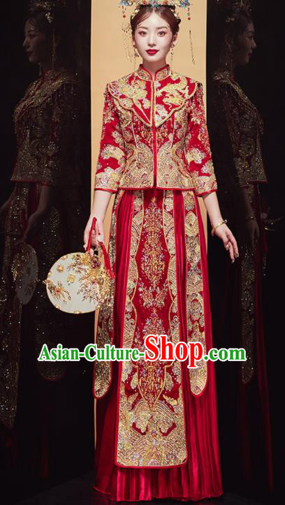 Chinese Traditional Wedding Embroidered Dragon Red Blouse and Dress Xiu He Suit Bottom Drawer Ancient Bride Costumes for Women