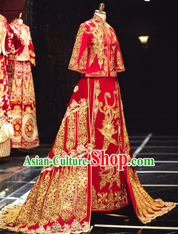 Chinese Traditional Wedding Embroidered Dragon Phoenix Red Blouse and Dress Xiu He Suit Bottom Drawer Ancient Bride Costumes for Women