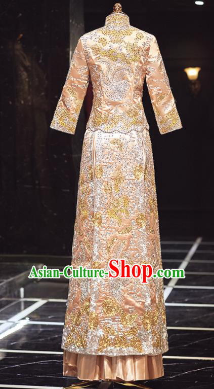 Chinese Traditional Wedding Embroidered Drilling Champagne Blouse and Dress Xiu He Suit Red Bottom Drawer Ancient Bride Costumes for Women
