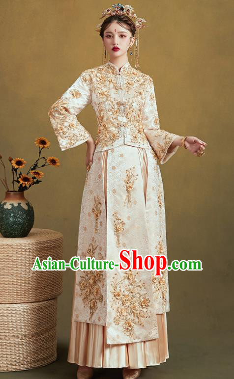 Chinese Traditional Embroidered Champagne Bottom Drawer Wedding Blouse and Dress Xiu He Suit Ancient Bride Costumes for Women