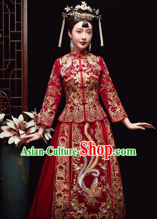 Chinese Traditional Wedding Embroidered Drilling Phoenix Red Blouse and Dress Xiu He Suit Red Bottom Drawer Ancient Bride Costumes for Women