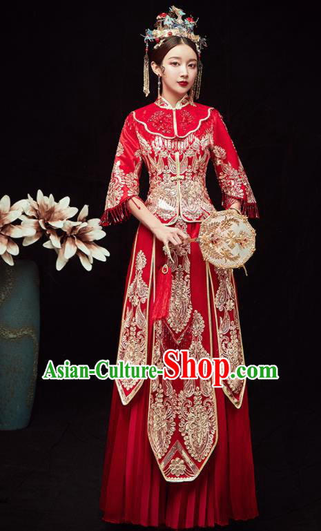 Chinese Traditional Wedding Embroidered Red Blouse and Dress Xiu He Suit Red Bottom Drawer Ancient Bride Costumes for Women
