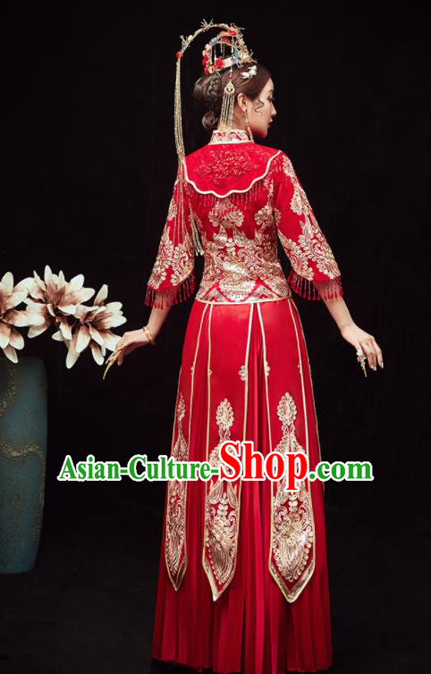 Chinese Traditional Wedding Embroidered Red Blouse and Dress Xiu He Suit Red Bottom Drawer Ancient Bride Costumes for Women