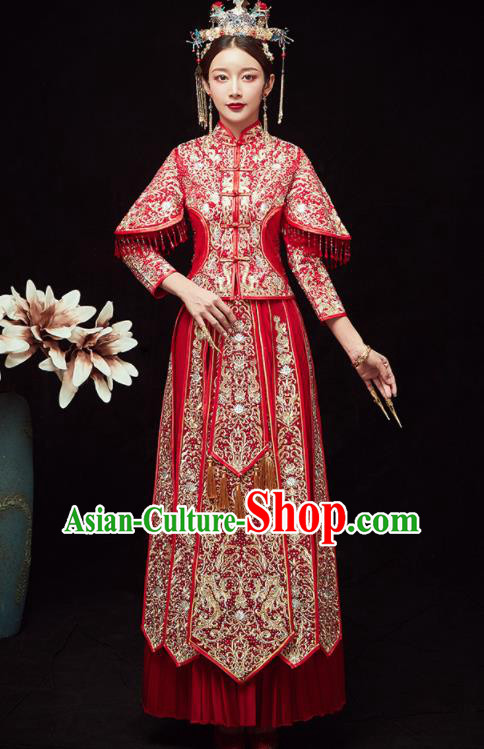 Chinese Traditional Wedding Embroidered Drilling Flowers Red Blouse and Dress Xiu He Suit Red Bottom Drawer Ancient Bride Costumes for Women