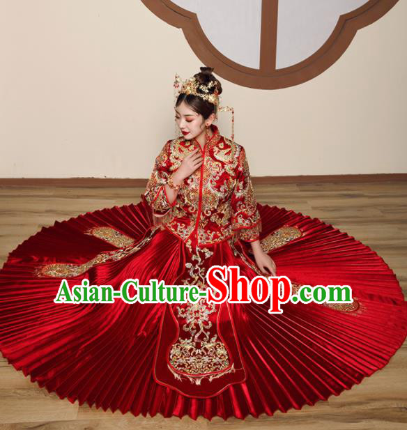 Chinese Traditional Wedding Embroidered Drilling Slim Blouse and Dress Xiu He Suit Red Bottom Drawer Ancient Bride Costumes for Women