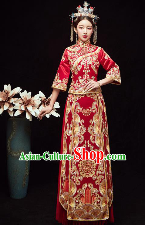 Chinese Traditional Wedding Embroidered Red Slim Blouse and Dress Xiu He Suit Red Bottom Drawer Ancient Bride Costumes for Women