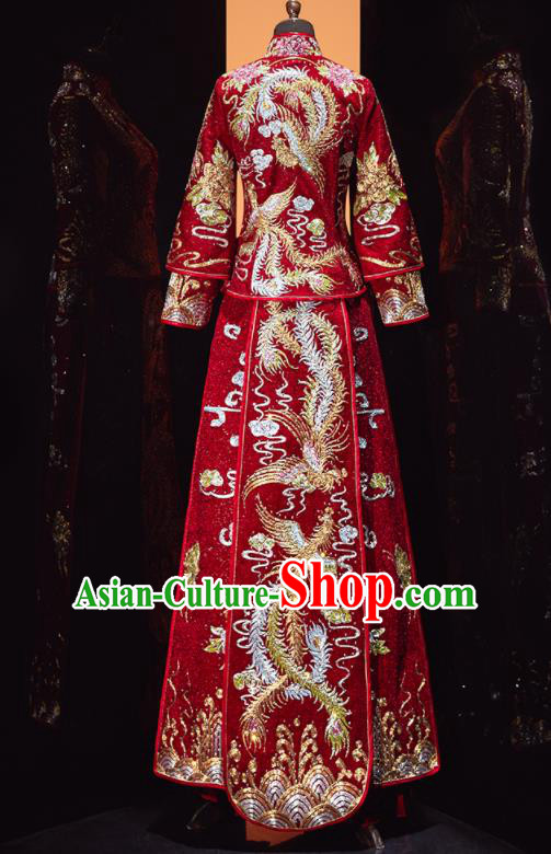 Chinese Traditional Wedding Embroidered Red Blouse and Dress Xiu He Suit Red Drilling Phoenix Bottom Drawer Ancient Bride Costumes for Women