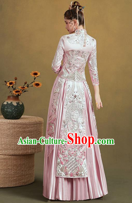 Chinese Traditional Embroidered Pink Bottom Drawer Wedding Blouse and Dress Xiu He Suit Ancient Bride Costumes for Women