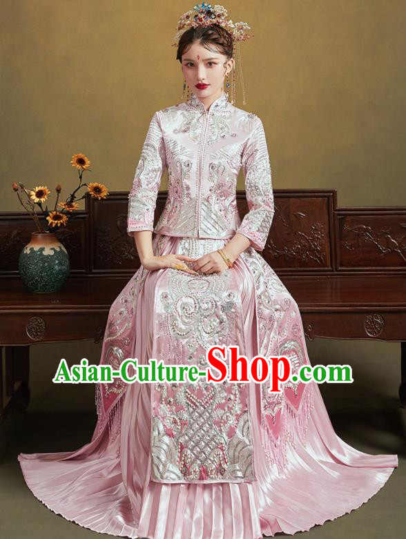 Chinese Traditional Embroidered Pink Bottom Drawer Wedding Blouse and Dress Xiu He Suit Ancient Bride Costumes for Women
