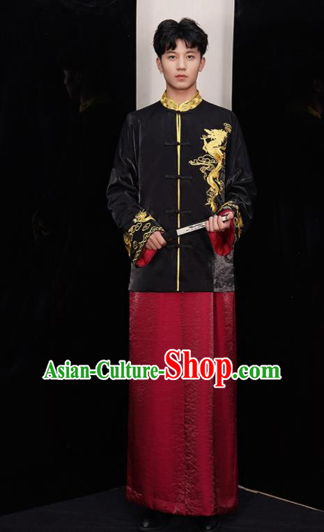 Chinese Ancient Bridegroom Embroidered Black Mandarin Jacket and Red Gown Traditional Wedding Tang Suit Costumes for Men