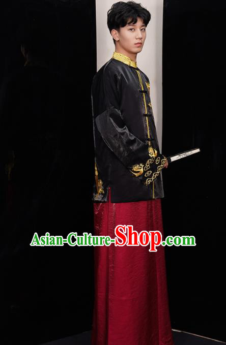 Chinese Ancient Bridegroom Embroidered Black Mandarin Jacket and Red Gown Traditional Wedding Tang Suit Costumes for Men