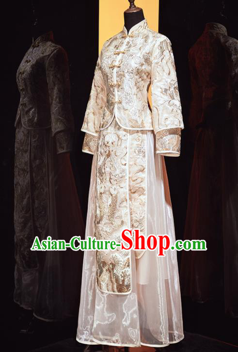 Chinese Traditional Xiu He Suit Wedding Embroidered Beige Blouse and Dress Bottom Drawer Ancient Bride Costumes for Women