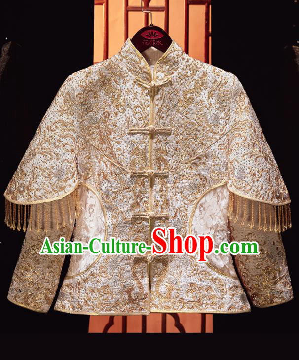Chinese Traditional Xiu He Suit Wedding Embroidered Light Golden Blouse and Dress Bottom Drawer Ancient Bride Costumes for Women