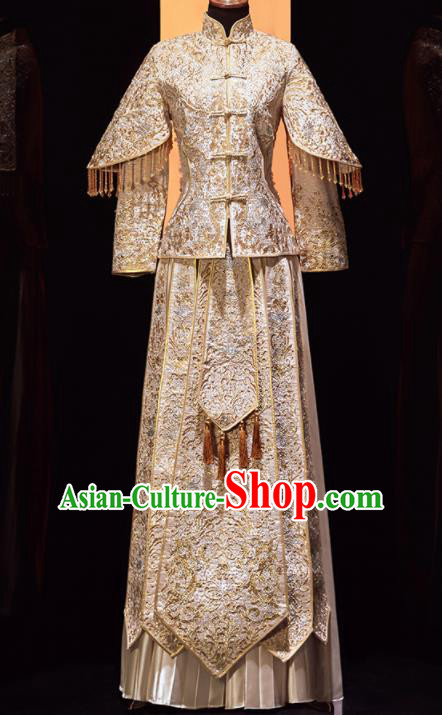Chinese Traditional Xiu He Suit Wedding Embroidered Light Golden Blouse and Dress Bottom Drawer Ancient Bride Costumes for Women
