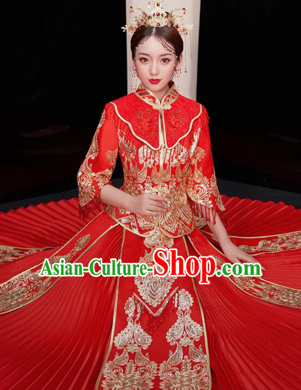Chinese Traditional Red Xiu He Suit Wedding Embroidered Blouse and Dress Bottom Drawer Ancient Bride Costumes for Women