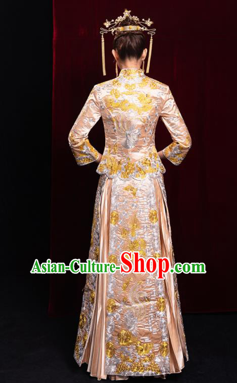 Chinese Traditional Champagne Xiu He Suit Wedding Embroidered Blouse and Dress Bottom Drawer Ancient Bride Costumes for Women