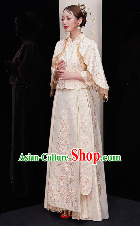 Chinese Traditional White Xiu He Suit Wedding Embroidered Blouse and Dress Bottom Drawer Ancient Bride Costumes for Women