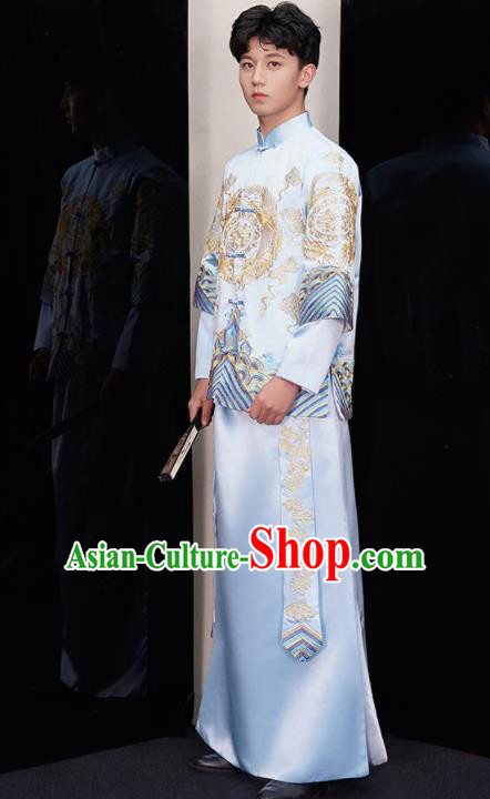 Chinese Ancient Bridegroom Embroidered Light Blue Mandarin Jacket and Red Gown Traditional Wedding Tang Suit Costumes for Men