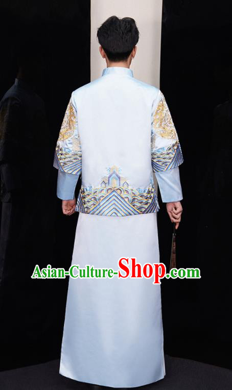 Chinese Ancient Bridegroom Embroidered Light Blue Mandarin Jacket and Red Gown Traditional Wedding Tang Suit Costumes for Men