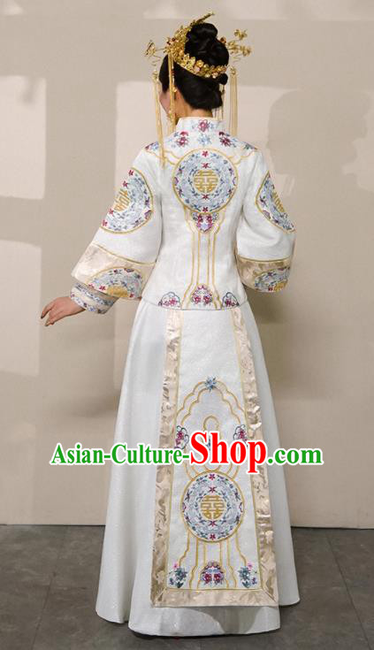 Chinese Traditional White Xiu He Suit Wedding Embroidered Peony Blouse and Dress Bottom Drawer Ancient Bride Costumes for Women