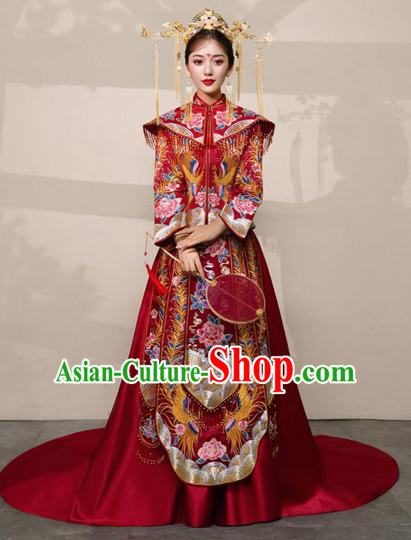 Chinese Traditional Xiu He Suit Wedding Embroidered Peony Red Blouse and Dress Bottom Drawer Ancient Bride Costumes for Women