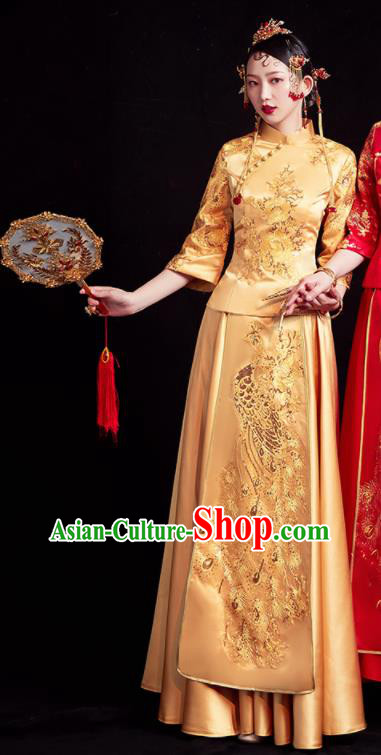 Chinese Traditional Golden Xiu He Suit Wedding Embroidered Peacock Blouse and Dress Bottom Drawer Ancient Bride Costumes for Women